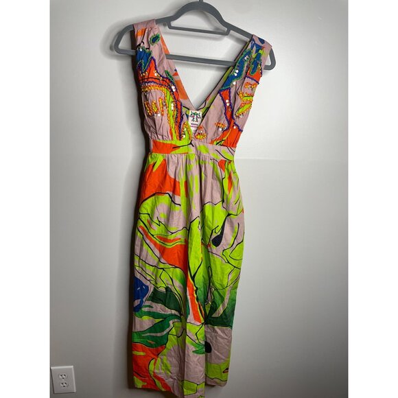 Anthropologie Midi Beaded Dress Green Floral Roopa Pemmaraju Size XS NEW - Picture 5 of 10